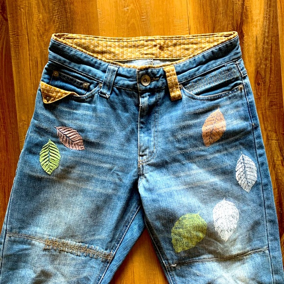 JEANS VINTAGE DISTRESSED WITH LEAVES AND MUSHROOMS. UNIQUE HIPPIE LOOK. 28/28 - Picture 6 of 7